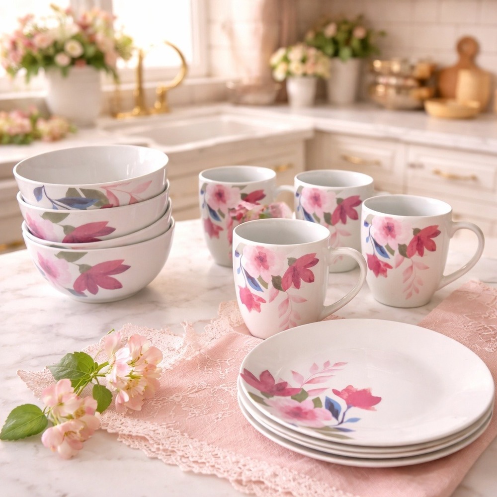 Tabletops Gallery 12pc Floral Watercolor Dinnerware‎ Set Service for 4